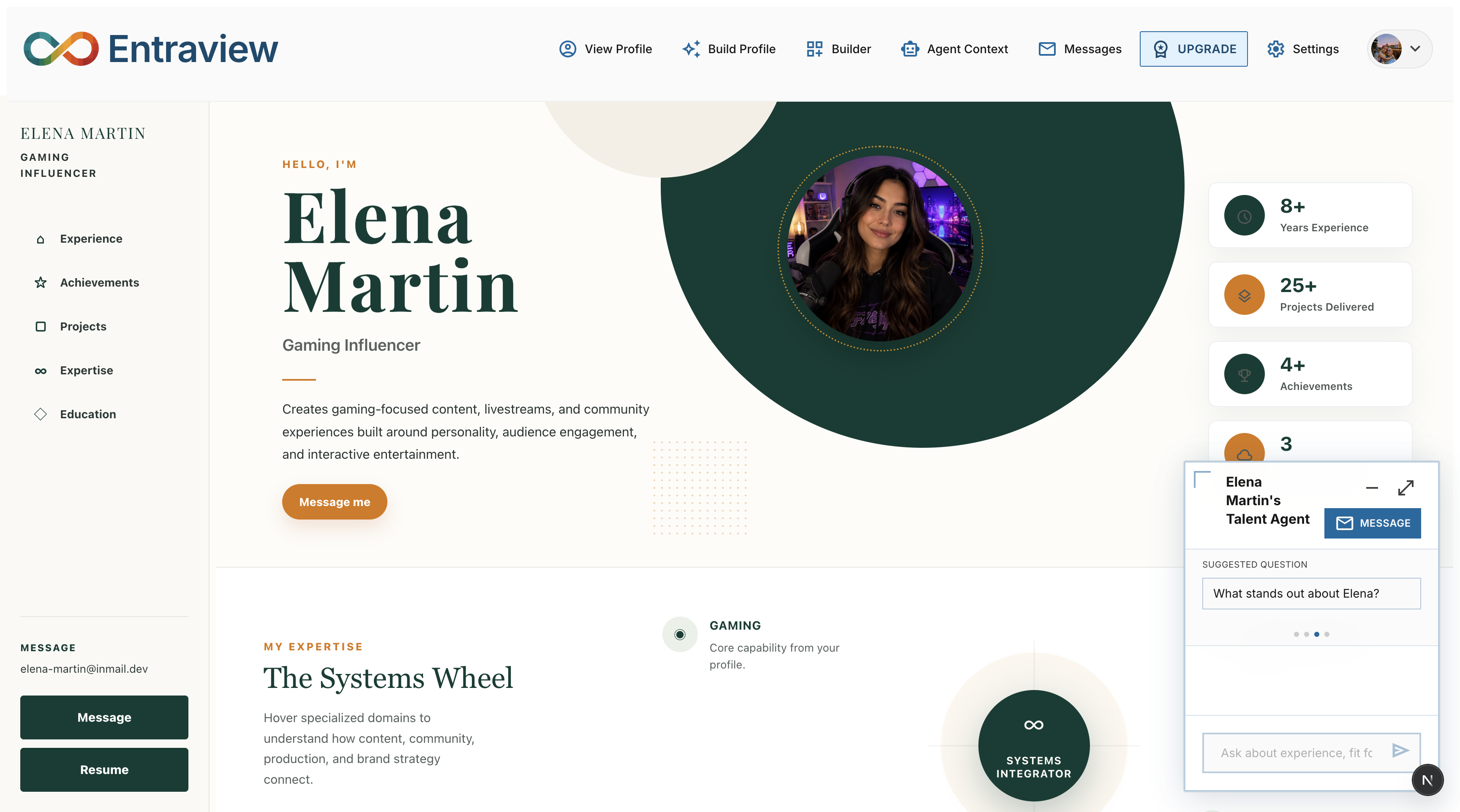 Example Entraview public profile with experience highlights and achievements