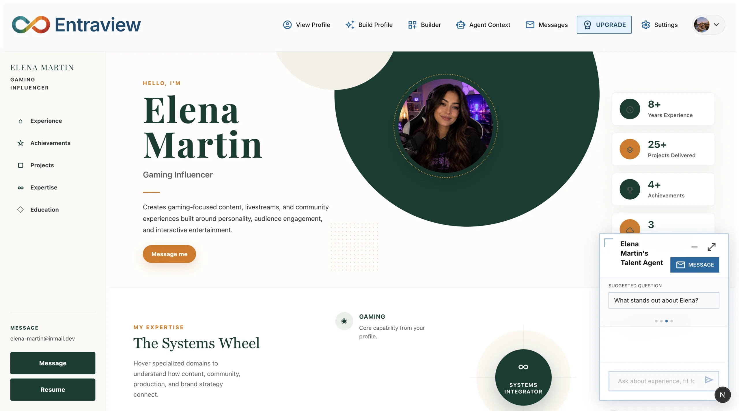 Example Entraview public profile with experience highlights and achievements